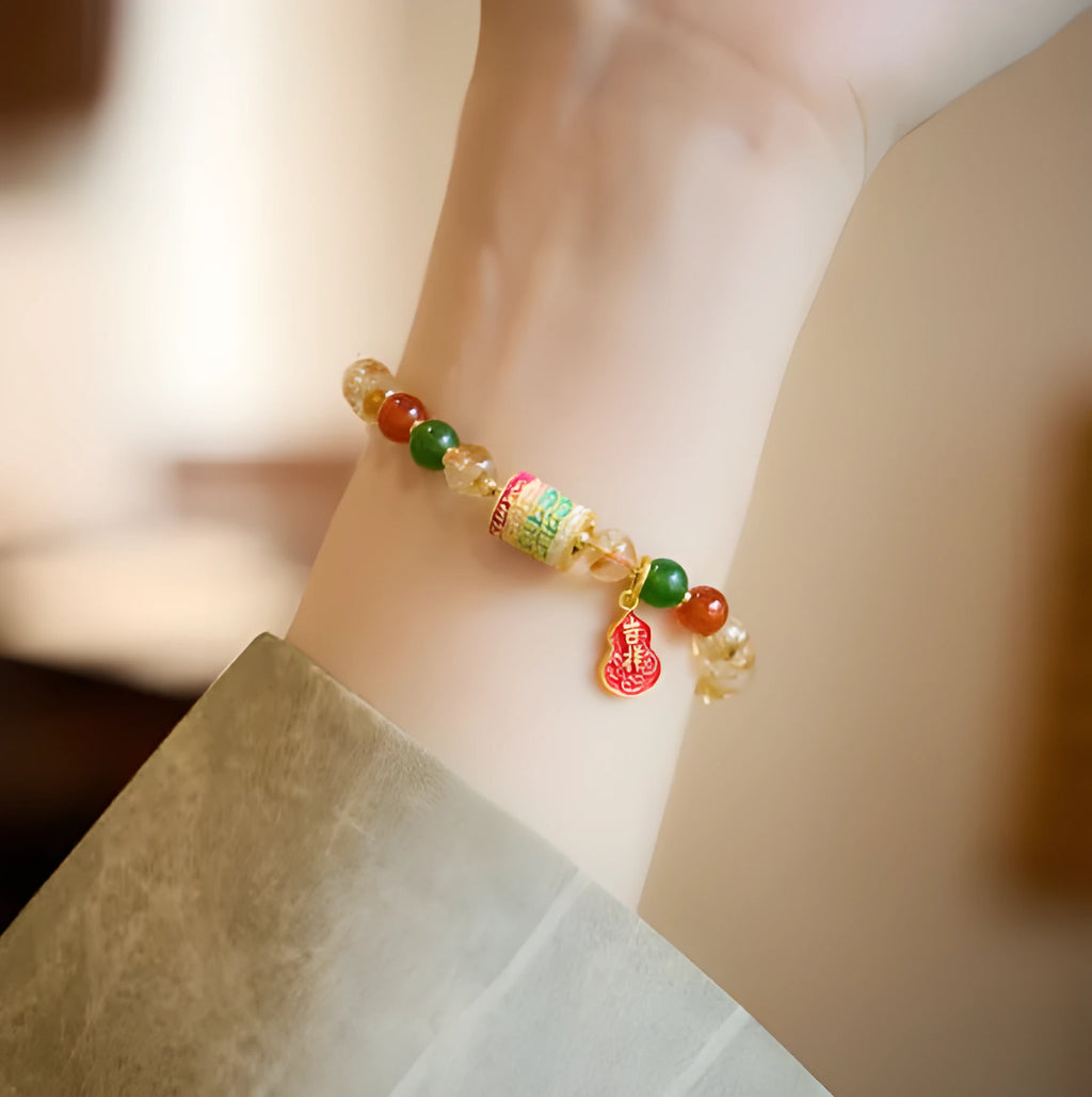 Hand-woven citrine five sutra bracelet with geometric five-warp pattern and 6mm crystal beads