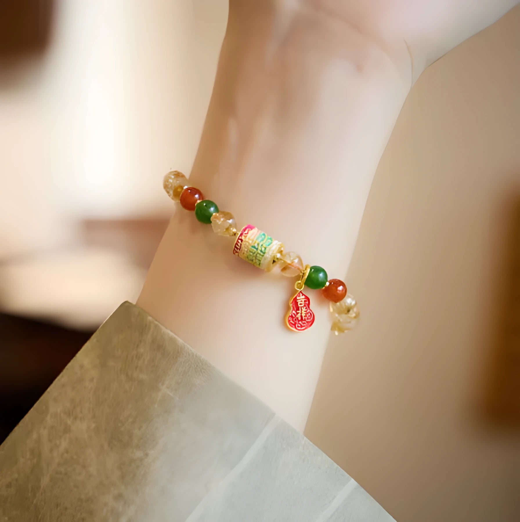 Hand-woven citrine five sutra bracelet with geometric five-warp pattern and 6mm crystal beads