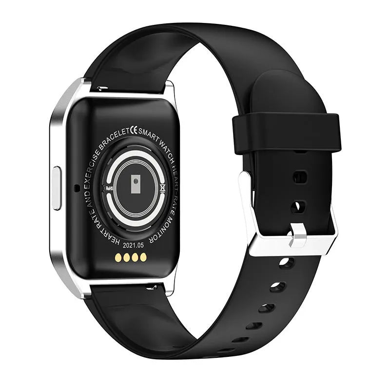 Black or silver smart watch with 1.69-inch touchscreen on a silicone wrist strap