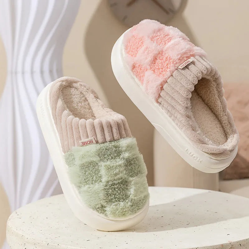 Women's plush indoor slippers in coffee colour with coral velvet upper and anti-slip PVC sole.