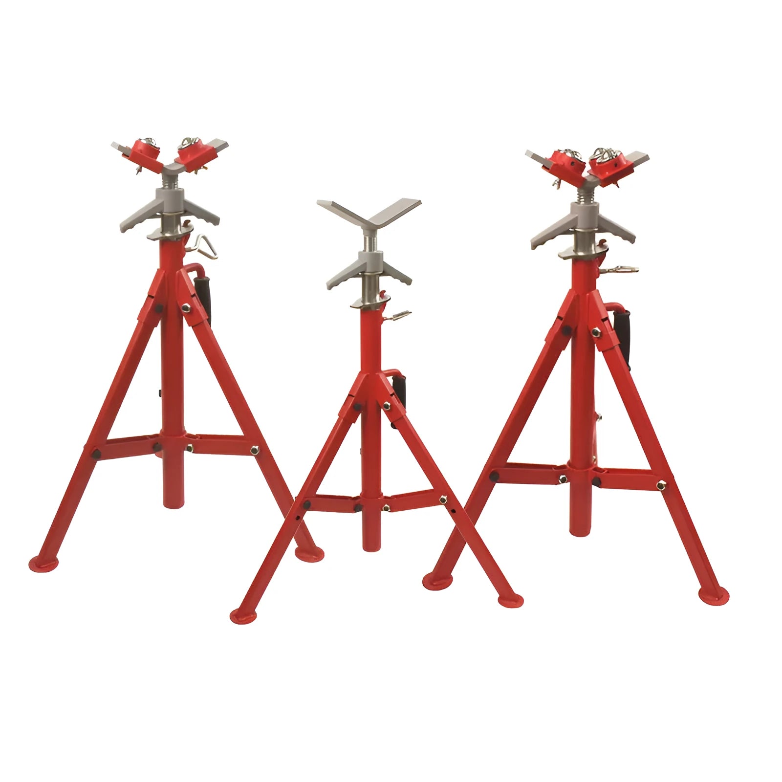 Metal V-head pipe support bracket with ball joints for mounting steel pipes.