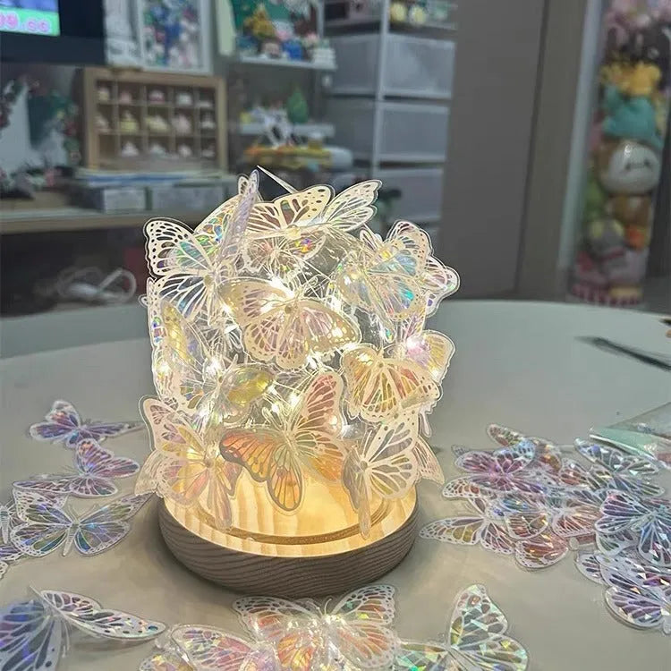 Butterfly night lamp with glass shade and raw wood base measuring 12x15cm for bedside ambience lighting