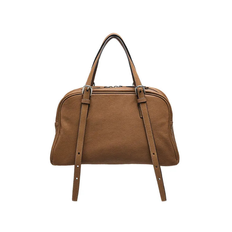 Women's retro style genuine leather shoulder bag with double straps in horizontal square shape