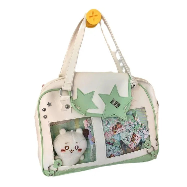 Preppy style PU shoulder messenger bag, 36x21x7cm horizontal square, contrast colour, with mobile phone bag