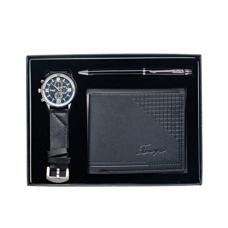 4-piece business gift set containing watch wallet and pen in brown or black gift box