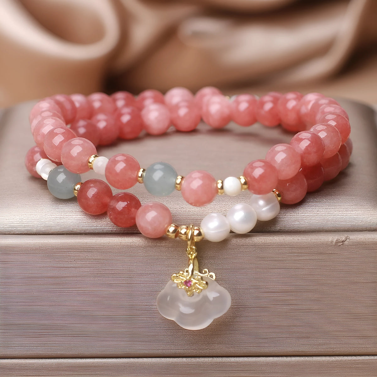 Pink agate crystal bracelet for women with double ring design, handmade Chinese style
