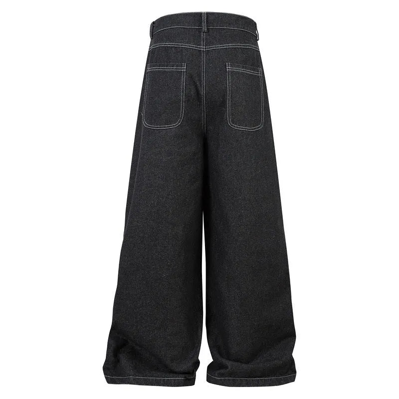 Black multi-pocket pleated workwear jeans in cotton denim with zip fly and mid waist design