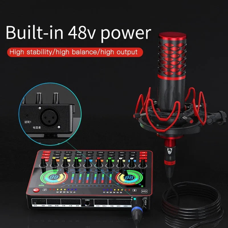 G4 professional sound card mixer with LCD display, 10 tuning knobs, and Q8 condenser microphone for live streaming setup.