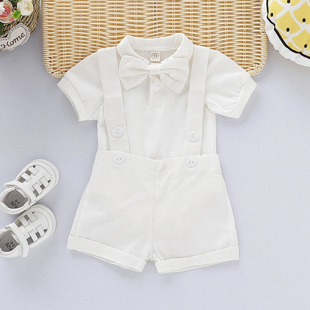 Baby romper bow tie overall dress set in cotton with shirt and shorts overalls, three-piece neutral outfit