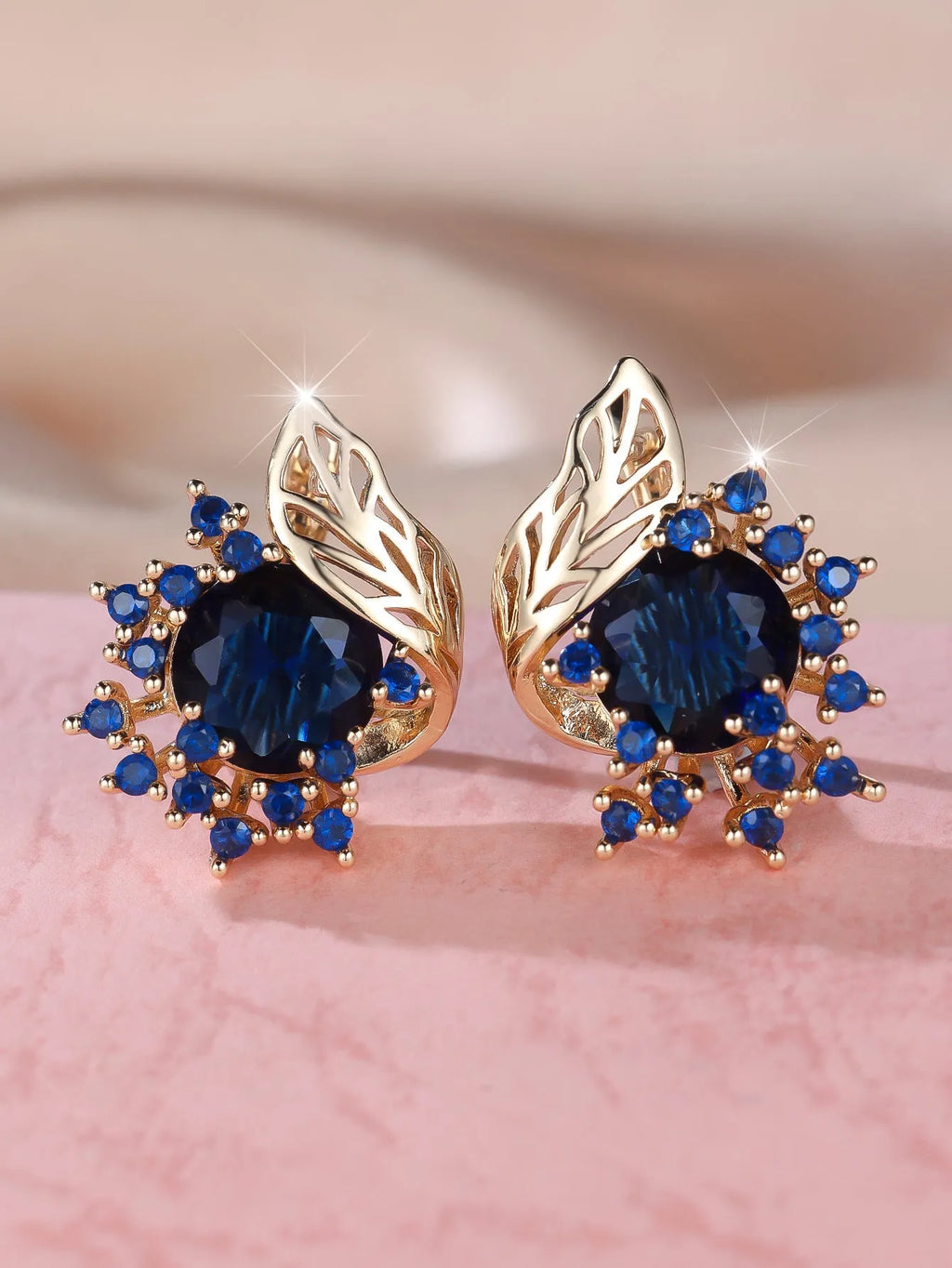 Round flower feather zircon earrings in champagne gold with coloured diamond options