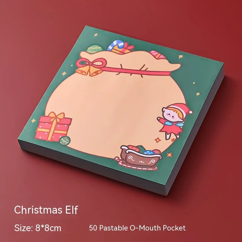 Christmas sticky notes book with cartoon designs of Santa, snowman, elf, gift, house, sled, crystal ball, and bear