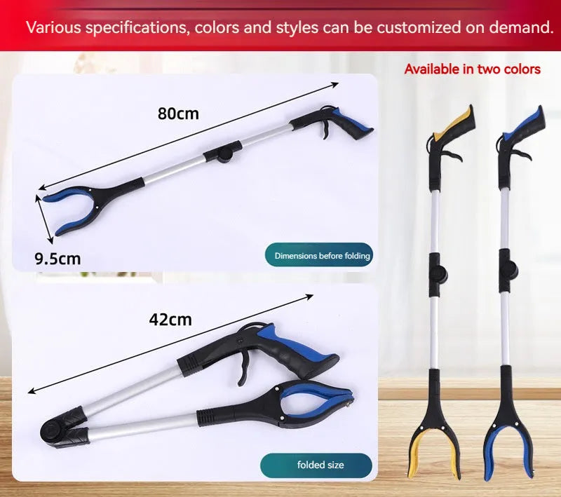 Foldable aluminium alloy garbage clamp with magnet sucker, extended to 80cm with blue handle