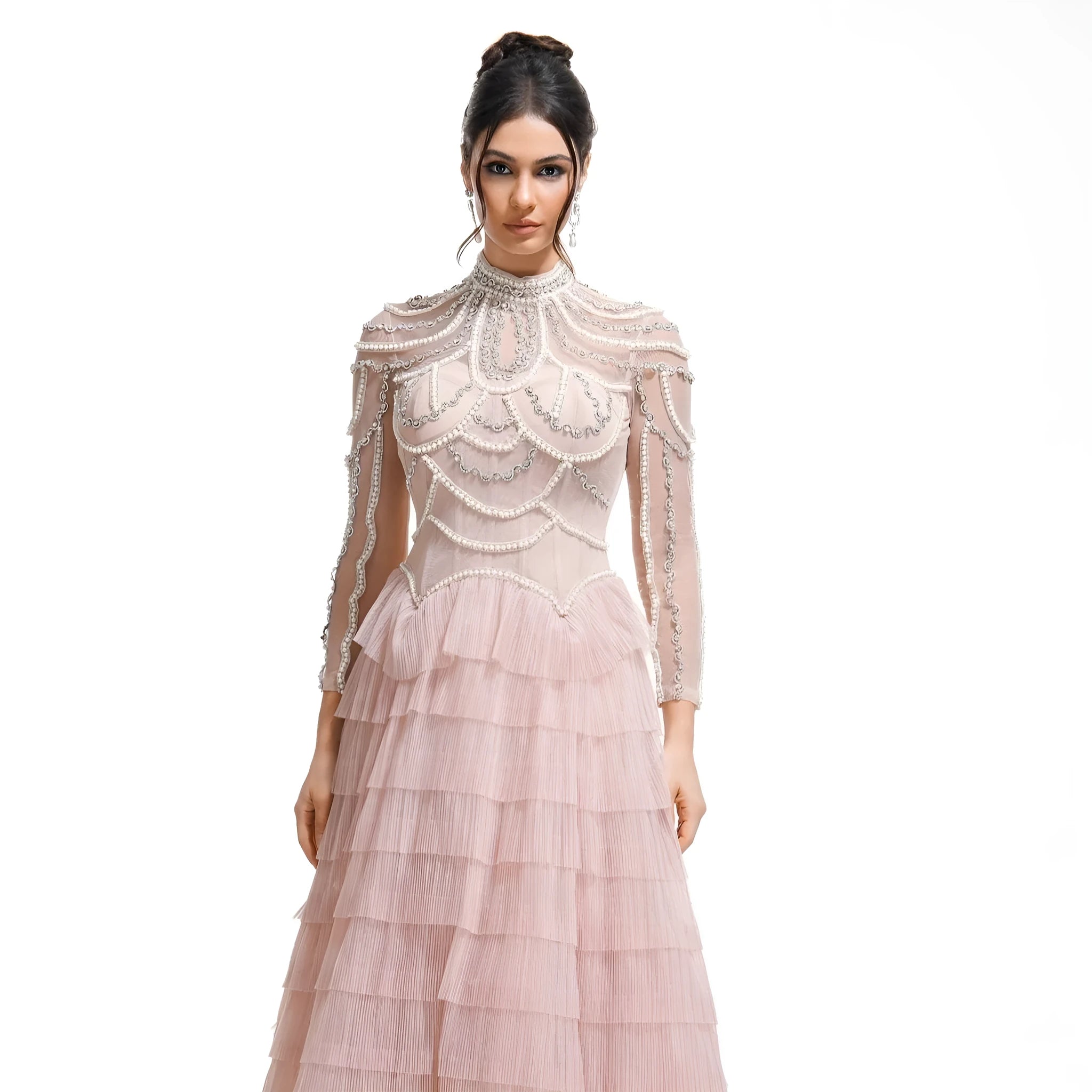 Women's black long sleeve beaded formal dress with mid waist and full-length skirt.