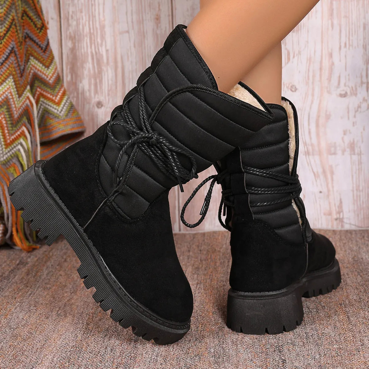 Women's black suede chunky heel snow boots with lace-up design and fleece lining