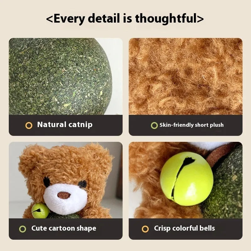 Plush catnip ball toy in animal shape with a mint ball, shown with dimensions 15cm height and 7cm width.