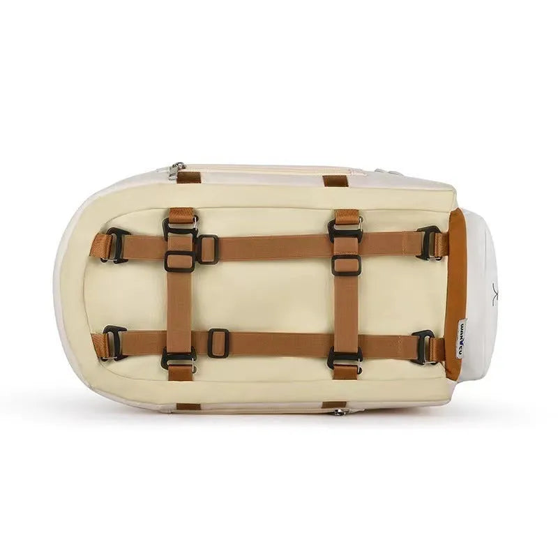 Beige hard-shell EPE padded portable cat carrier with one shoulder strap, shown next to measurements.