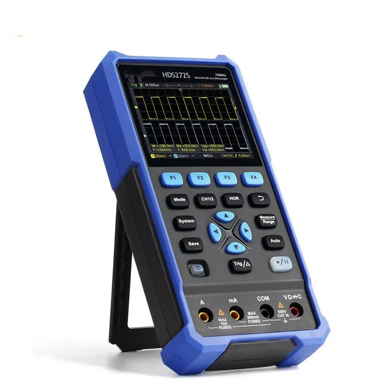 Owon HDS272 handheld digital oscilloscope with screen, probes, and accessories on a grey background.
