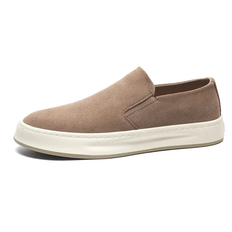 Men's grey and apricot casual slip-on shoes with height increasing insoles and round toe design