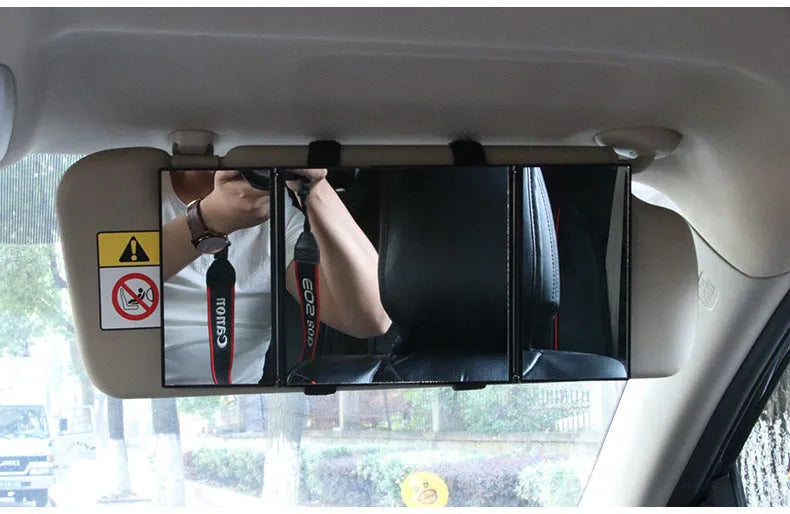Silver folding car makeup mirror shown closed at 15.5 cm wide, suitable for mounting on a car visor.