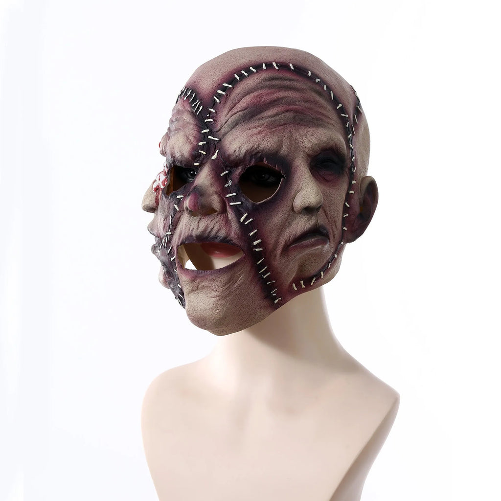 Three-sided grimace horror mask showing latex texture and comprehensive facial coverage for Halloween costumes