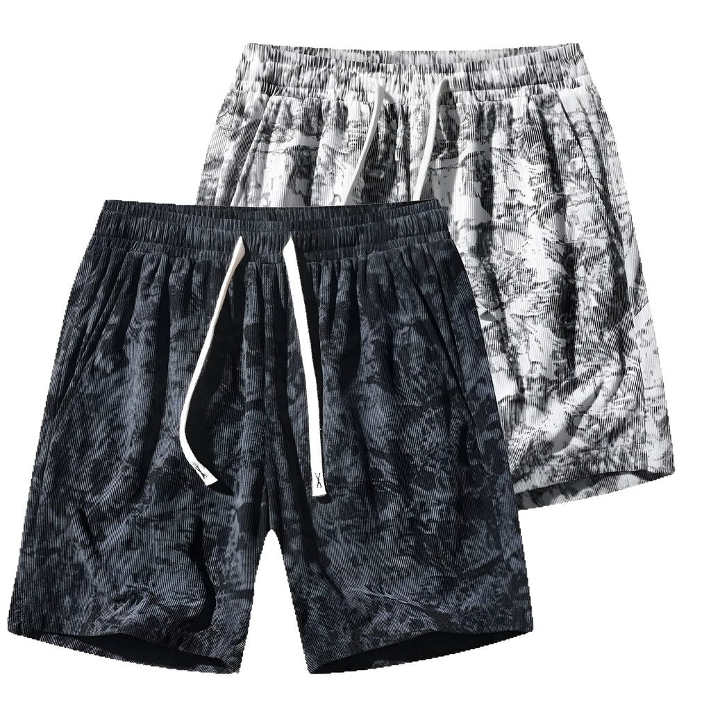 Men's corduroy camouflage athletic shorts in black colour showing high waist and straight cut design