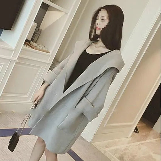Plus size women's loose fit thin cotton coat in grey with lace detail, long sleeves.