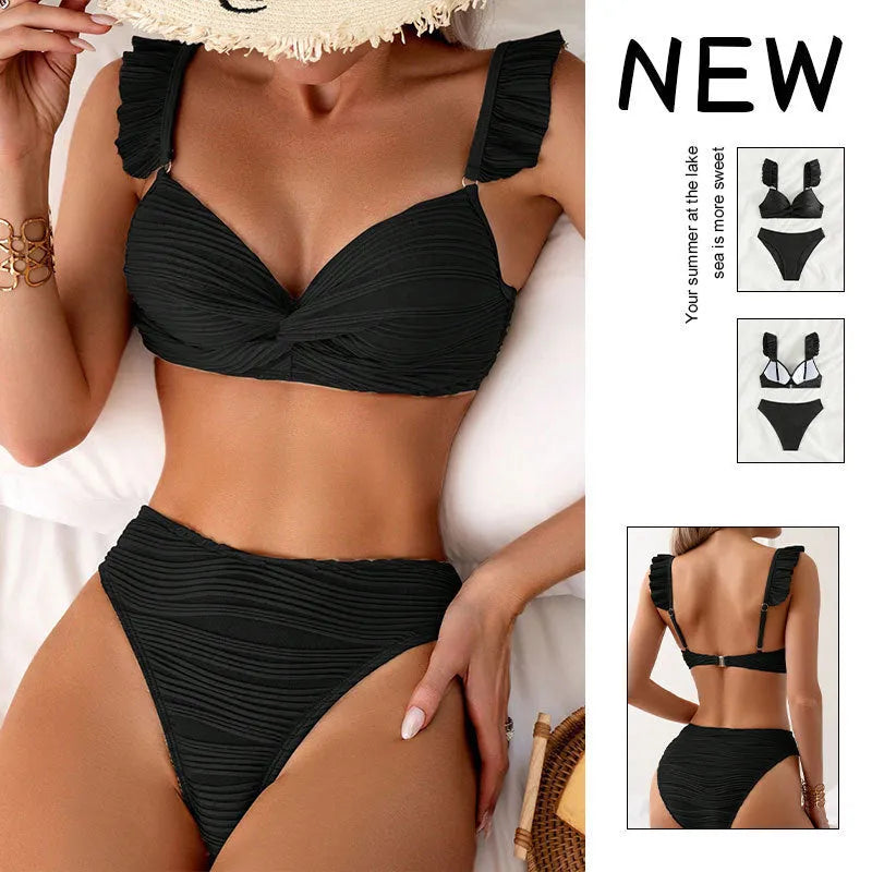 Women's solid colour bikini swimsuit set in black or khaki, made from polyester fabric.
