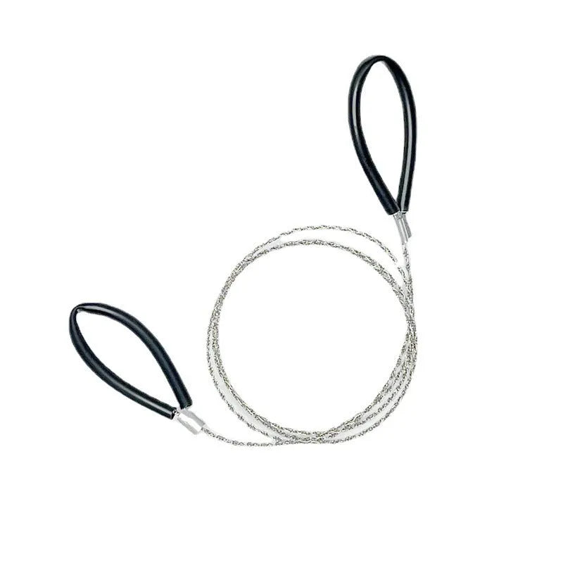 German stainless steel survival wire saw coiled to show compact size with black handles