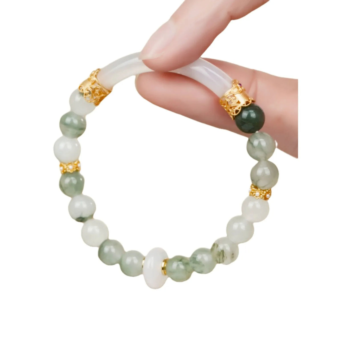 Emerald green Tian Shan Cui jade half bracelet with round beads and traditional national style design