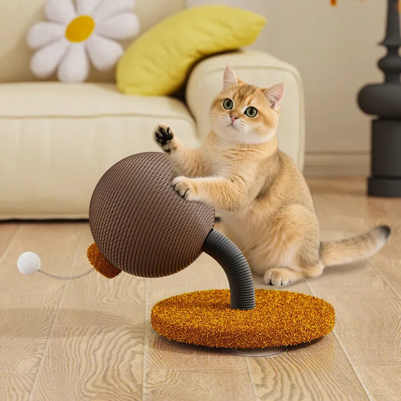 Hemp rope cat scratching post with feeding ball attachment in large and small sizes