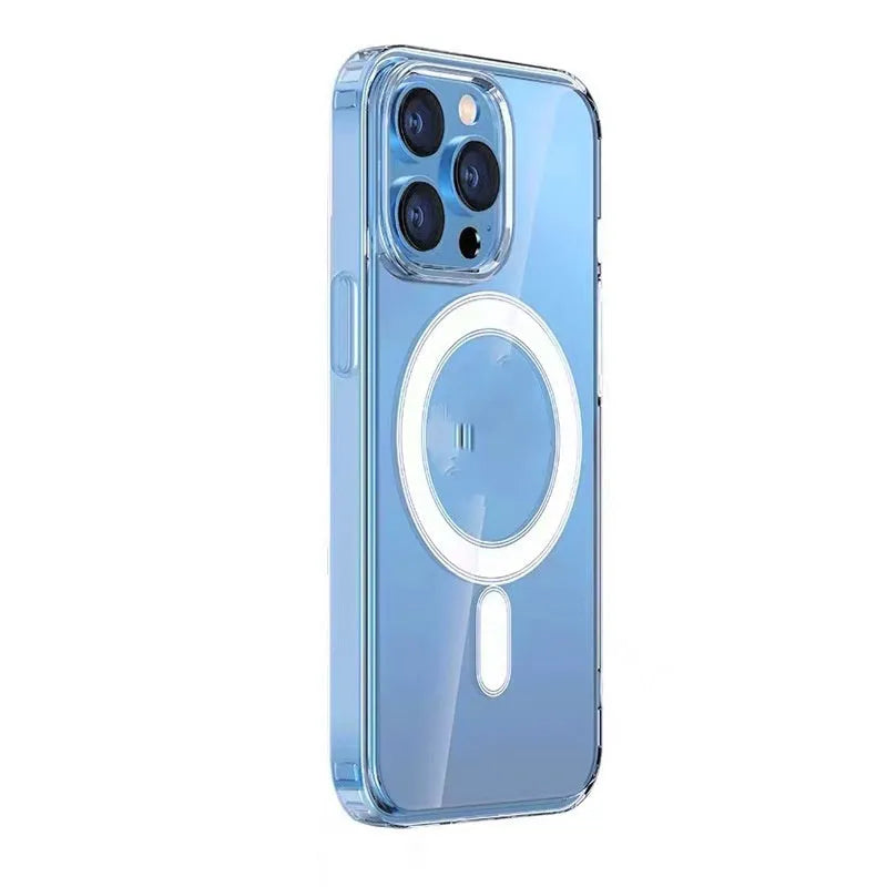 Transparent magnetic straight edge phone case for Apple 16 and 16 Plus with airbag drop-resistant corners.