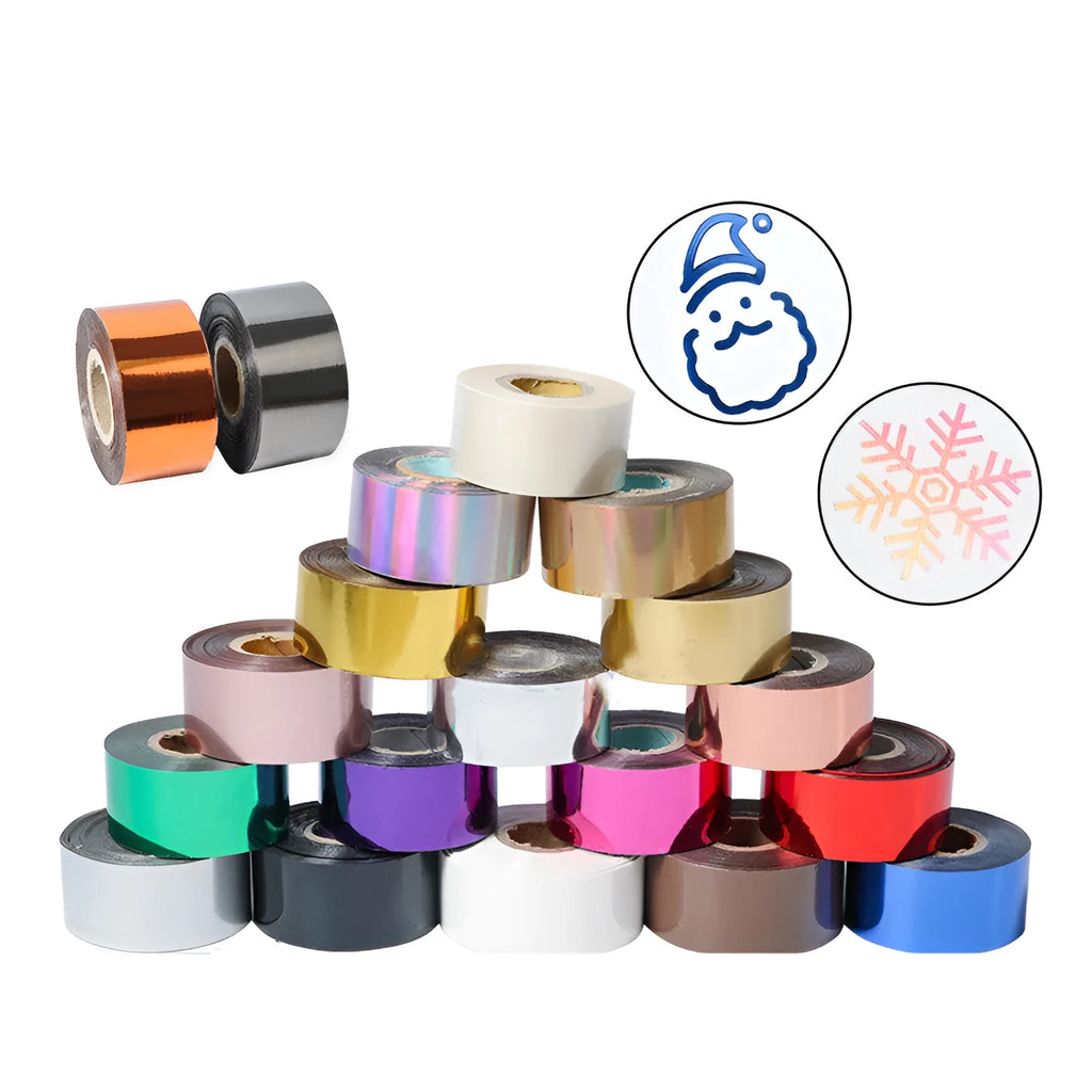 Rolls of electrochemical aluminium hot foil transfer paper in various metallic colours for leather and plastic branding