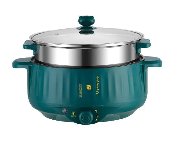 Stainless steel electric hot pot with non-stick coating and integrated heating base.