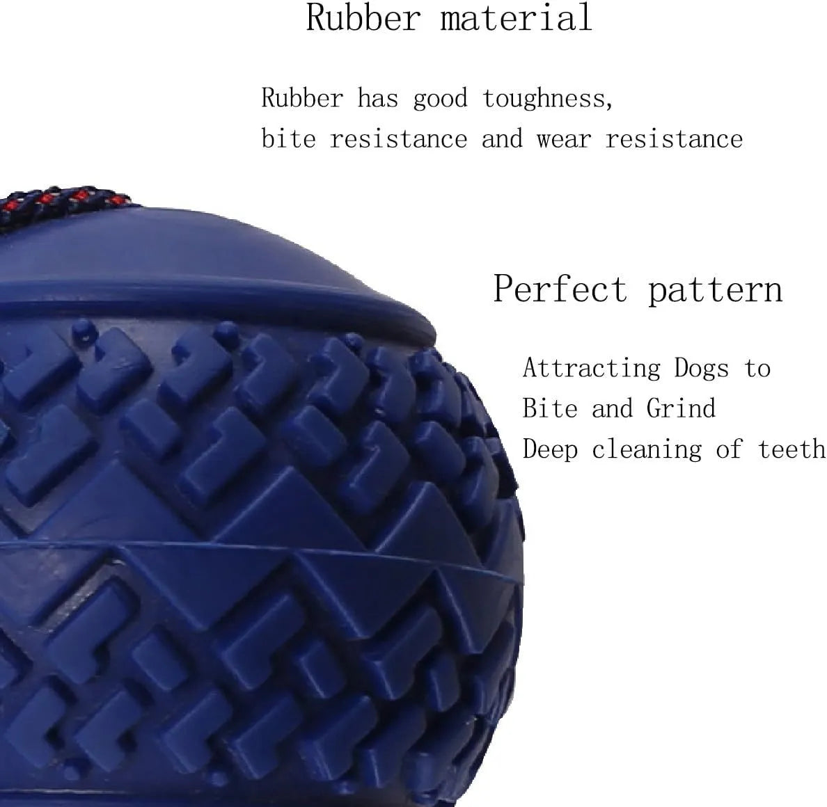 Blue or red natural rubber dog ball with attached rope for tug-of-war and teeth cleaning