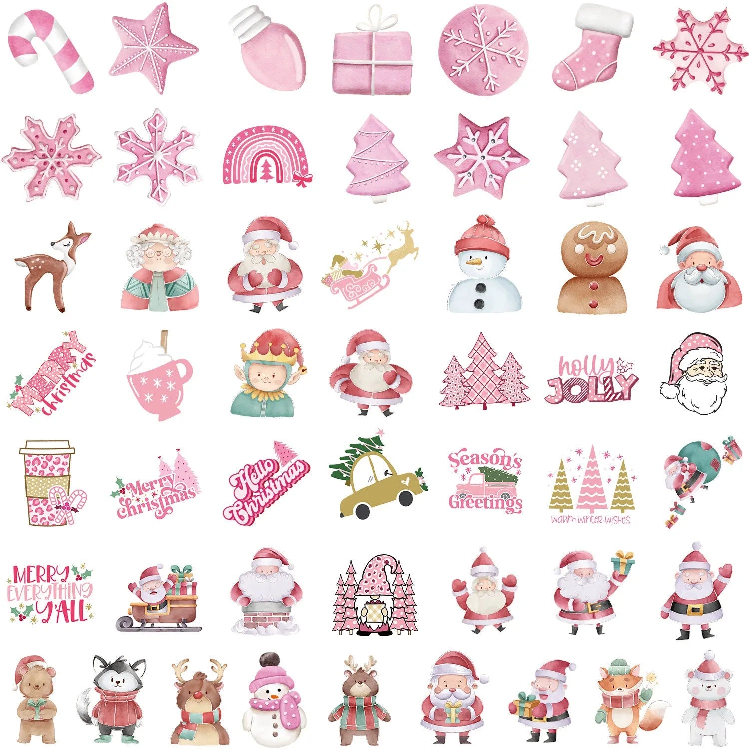 Assortment of 50 cute Christmas-themed waterproof stickers ranging from 4cm to 8cm in size.