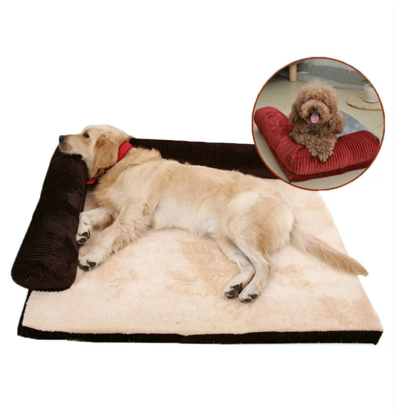 Corduroy pet sofa dog bed with bolster in grey colour, showing non-slip base and high-density sponge padding