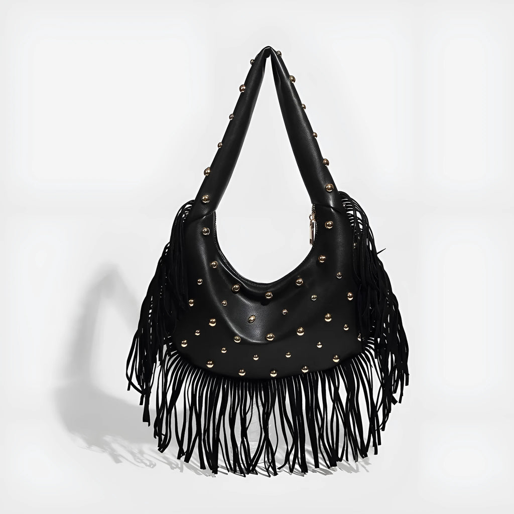 Retro tassel shoulder handbag in black or wine red with mobile phone pocket