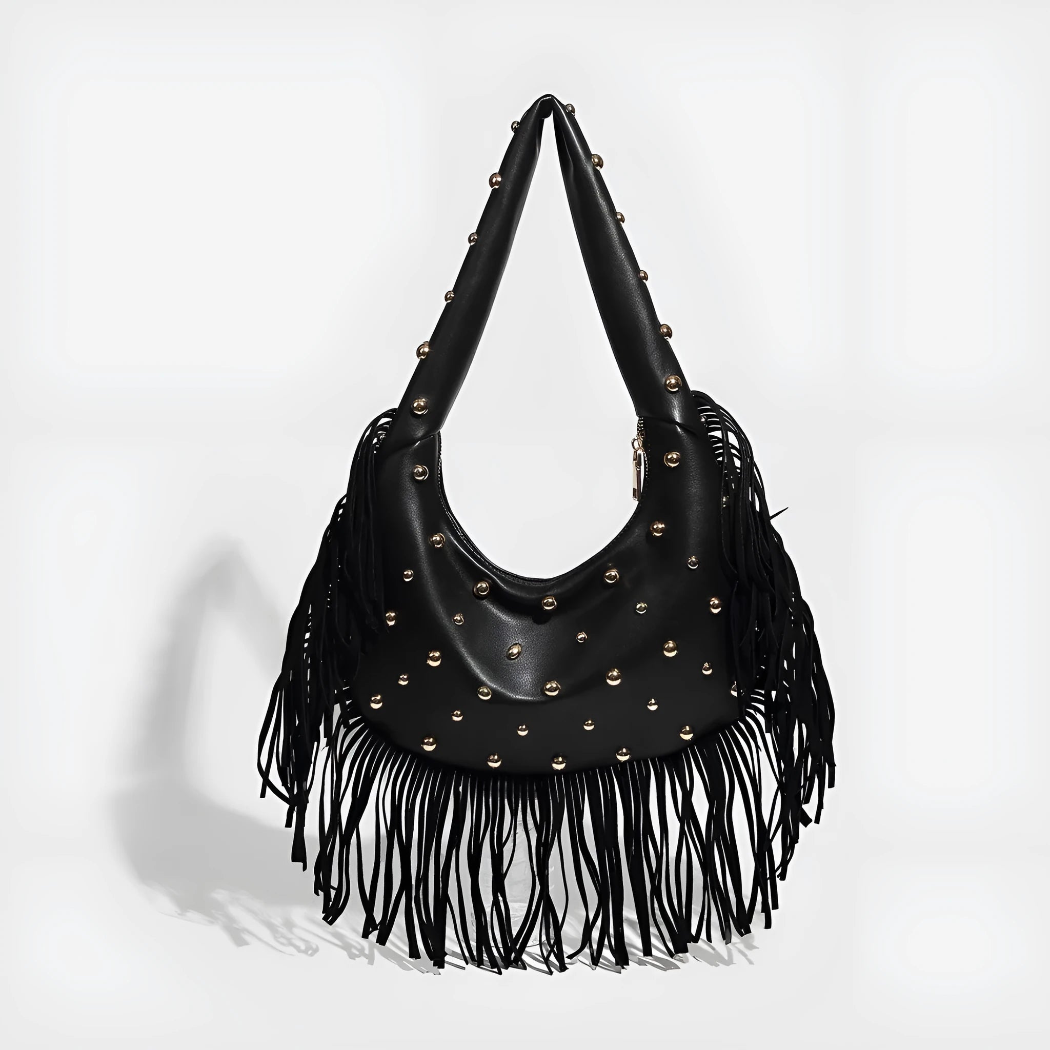 Retro tassel shoulder handbag in black or wine red with mobile phone pocket