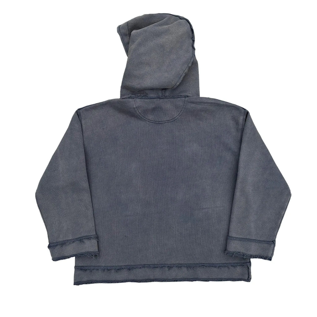 Dark blue men's zip-front hoodie with kangaroo pocket and drawstring hood.