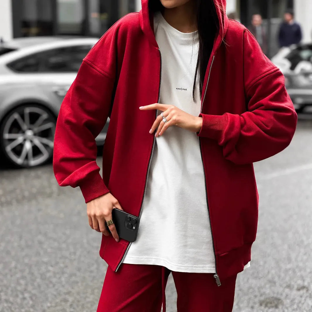 Street style long-sleeved coat and trousers two-piece set in solid colour