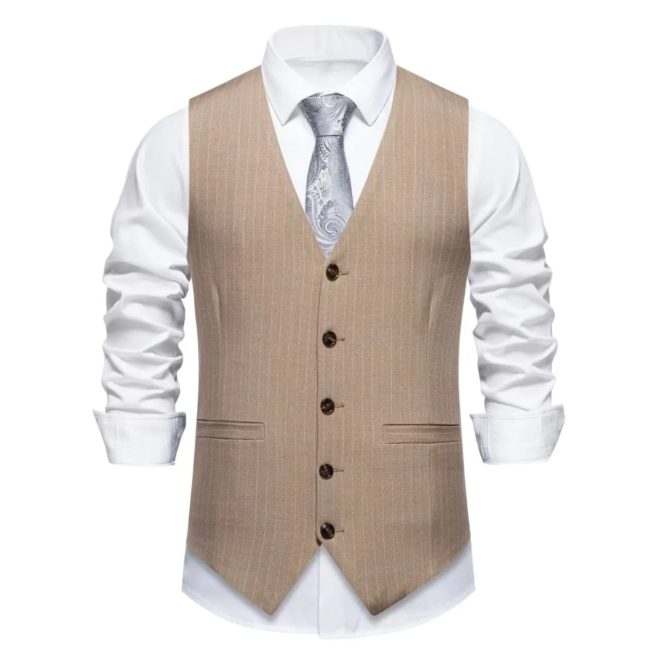 Men's striped suit vest in polyester with non-ironing finish, shown in red, black, and khaki colour options