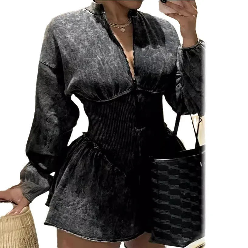 Grey women's slim-fit A-line mini dress with digital printing and a drawstring waist.