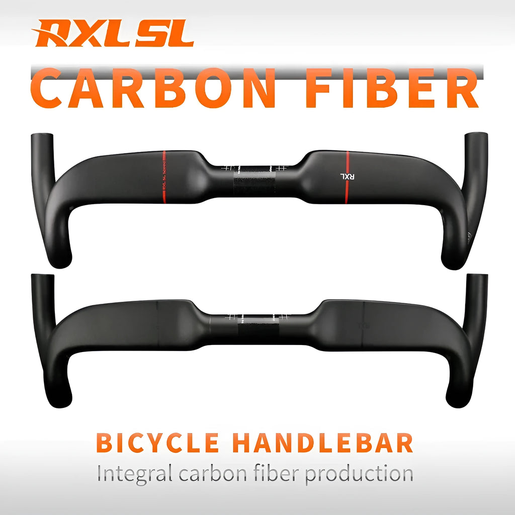 Red carbon fibre road bicycle handlebar with double line graphics, shown from above.