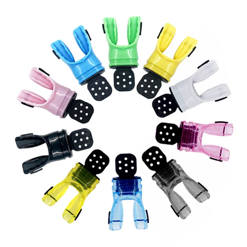 Plastic-free silicone diving mouthpiece in multiple colours showing 110mm length