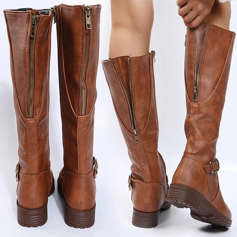 Yellow women's high knight boots with a square heel, round toe, and side buckle detail.