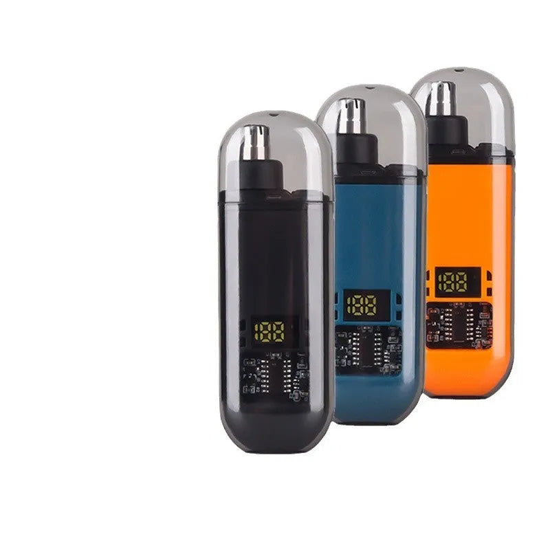 Rechargeable nose hair trimmer with digital display in black, blue or orange colours