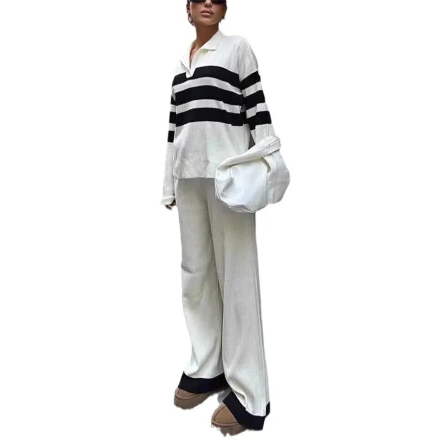 Women's black and white striped knitted polo shirt and trousers two-piece set