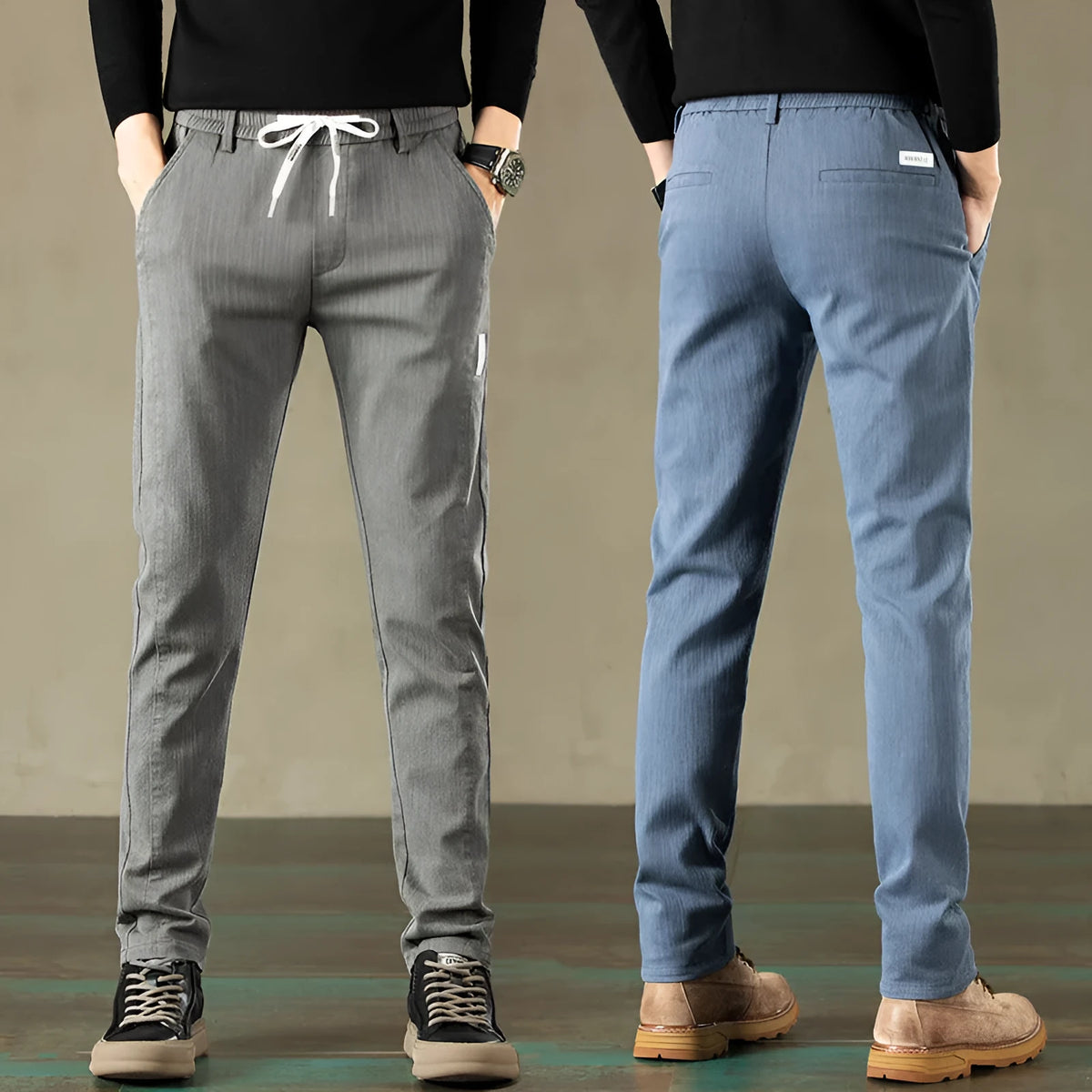 Loose straight cotton casual pants in solid colour with mid waist drawstring, sizes 28-38