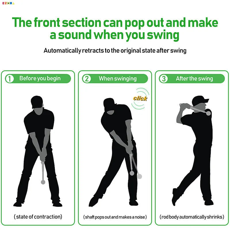 Telescopic golf swing simulator trainer in stainless steel, shown extended for use.