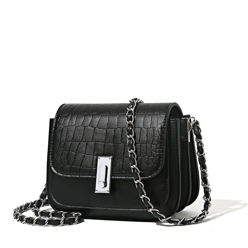Black soft PU women's chain shoulder bag with sandwich pocket design and decorative sewing thread.